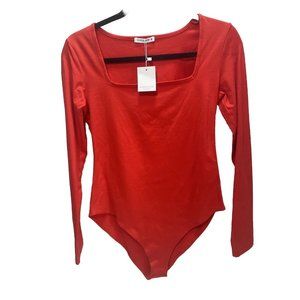 Brand New Women’s Long Sleeve Solid Red Square Neck Bodysuit, Size Medium